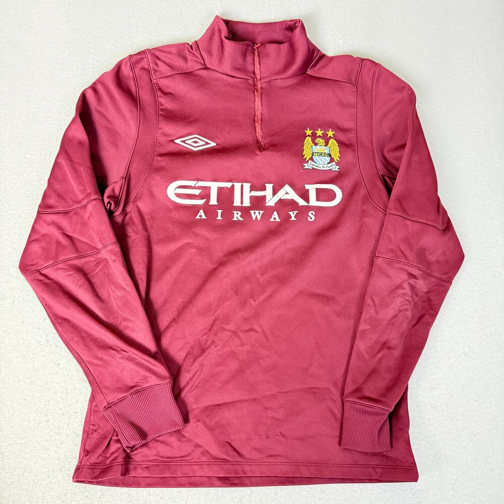 Umbro Manchester City MCFC Etihad Airways Quarter Zip Soccer Pullover M Burgundy